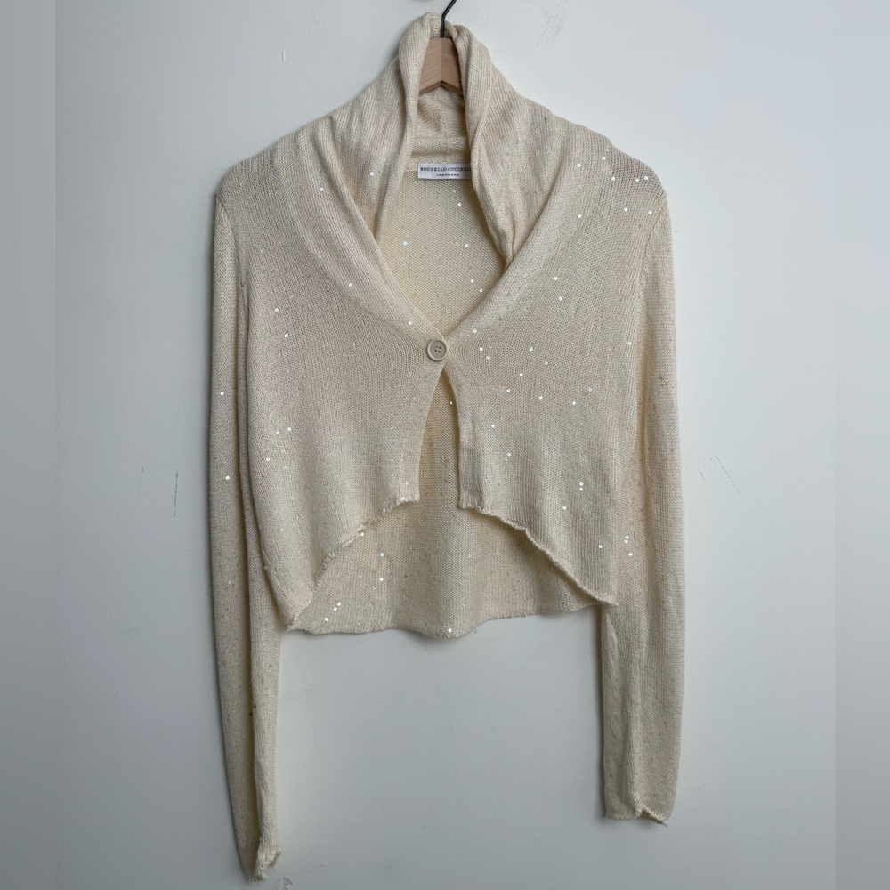 $2.2k Brunello Cucinelli Cream silk Sequin knit cardigan Italy lightweight shawl